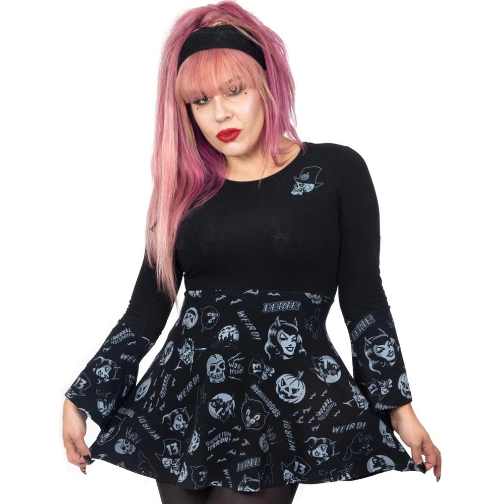 Spookshow Bell Sleeve Babydoll Top Blk/Grey 4 Spookshow Bell Sleeve Babydoll Top Blk/Grey - Image 2