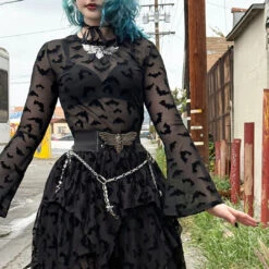 Bat Repeat Mesh Bell Sleeve Top -Kreepsville Clothing Store GMTBRBS 4