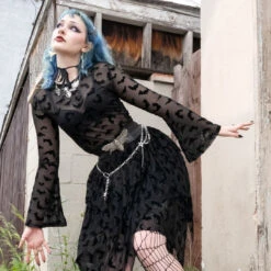 Bat Repeat Mesh Bell Sleeve Top -Kreepsville Clothing Store GMTBRBS 5