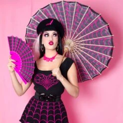 Spiderweb Pink And Black Fabric Parasol 10 Spiderweb Pink And Black Fabric Parasol -Kreepsville Clothing Store HWPSWP 4